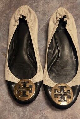 Tory Burch Black and White Logo Cap-Toe Ballet Flats
